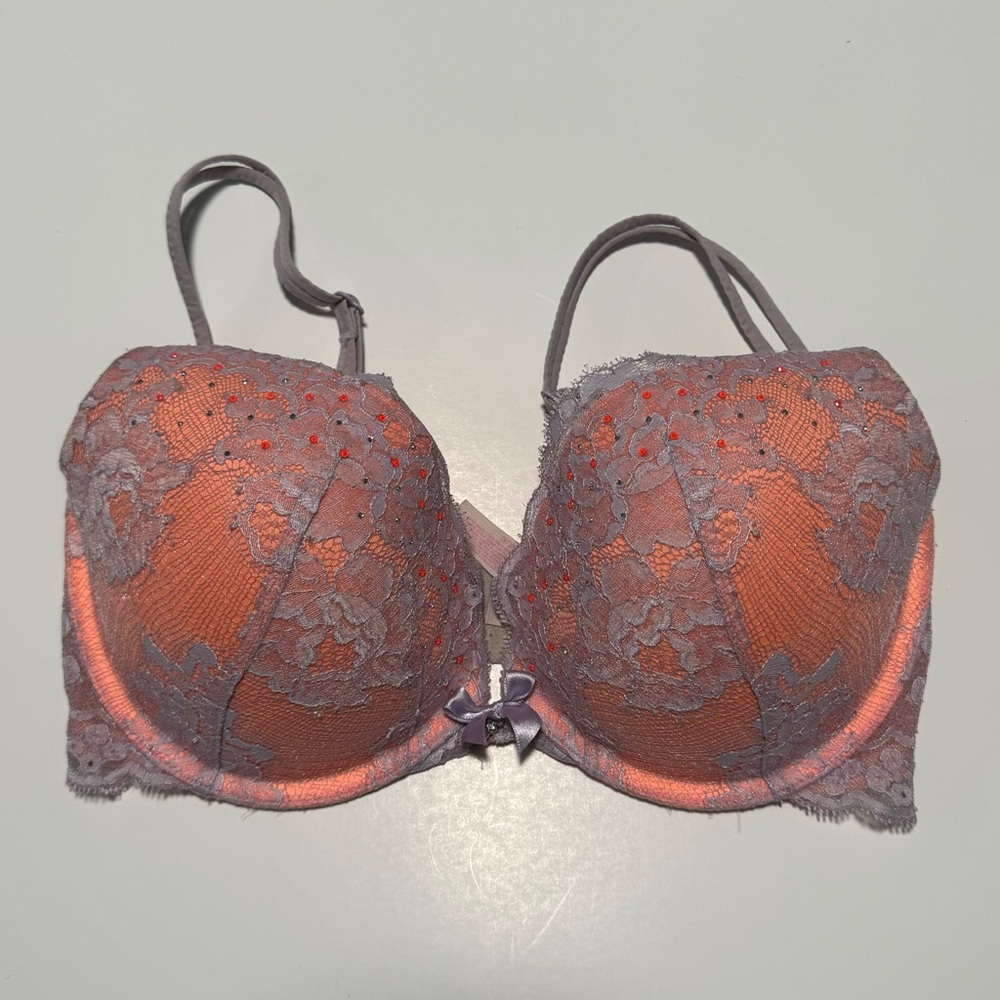 VS Very Sexy Push Up Bra Plunge Rhinestone Lace Peach